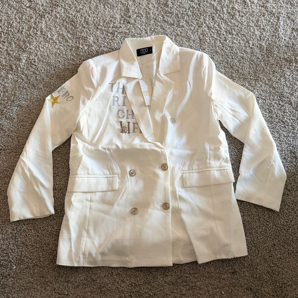 ITOO Italy The Rich Life White Bedazzled Blazer Jacket Size Large NWT